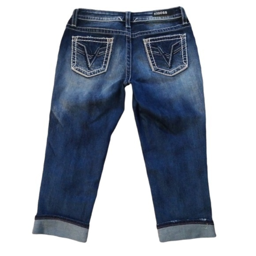 Vigoss Chelsea Heritage Fit Embroidered Distressed Denim Capris‎ Sz. 3/4